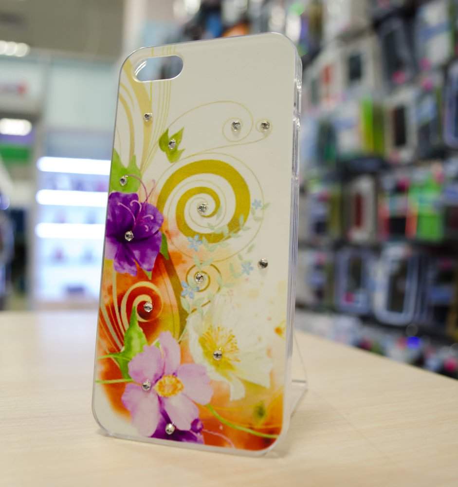 Чехол для iPhone 5/5s пластик Swarovski белый с фиолетовыми цветами